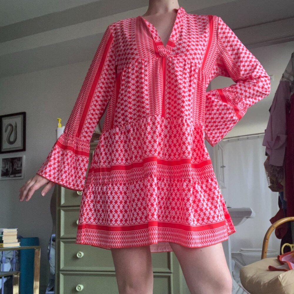 Hot pink and red geometric long sleeve mini dress